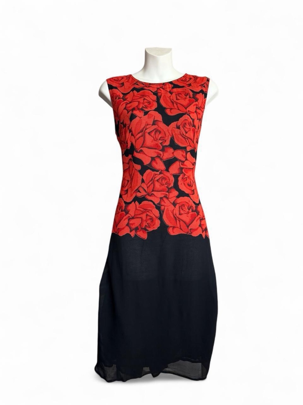 Sleeveless Black Midi Dress with Red Rose Print